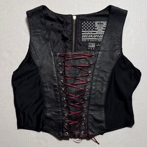 BIKERS DREAM APPAREL Black Leather Corset Vest Side Nylon Stretch Panels L